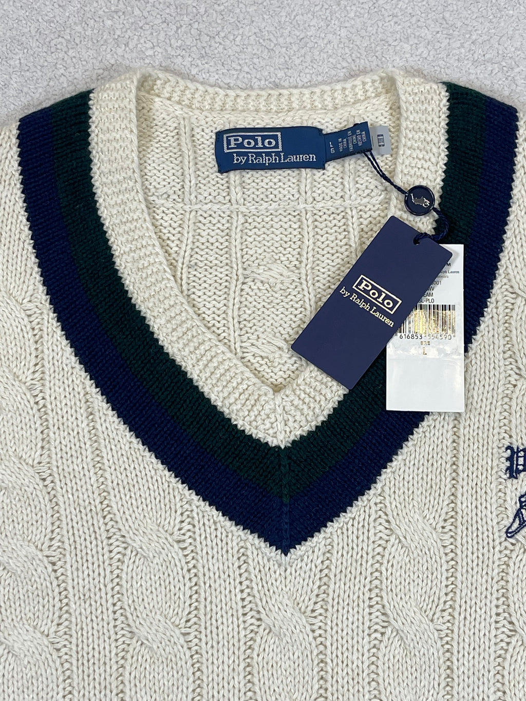 Polo by Ralph Lauren P-Wing Embroidered Cotton-Blend Cricket Sweater L