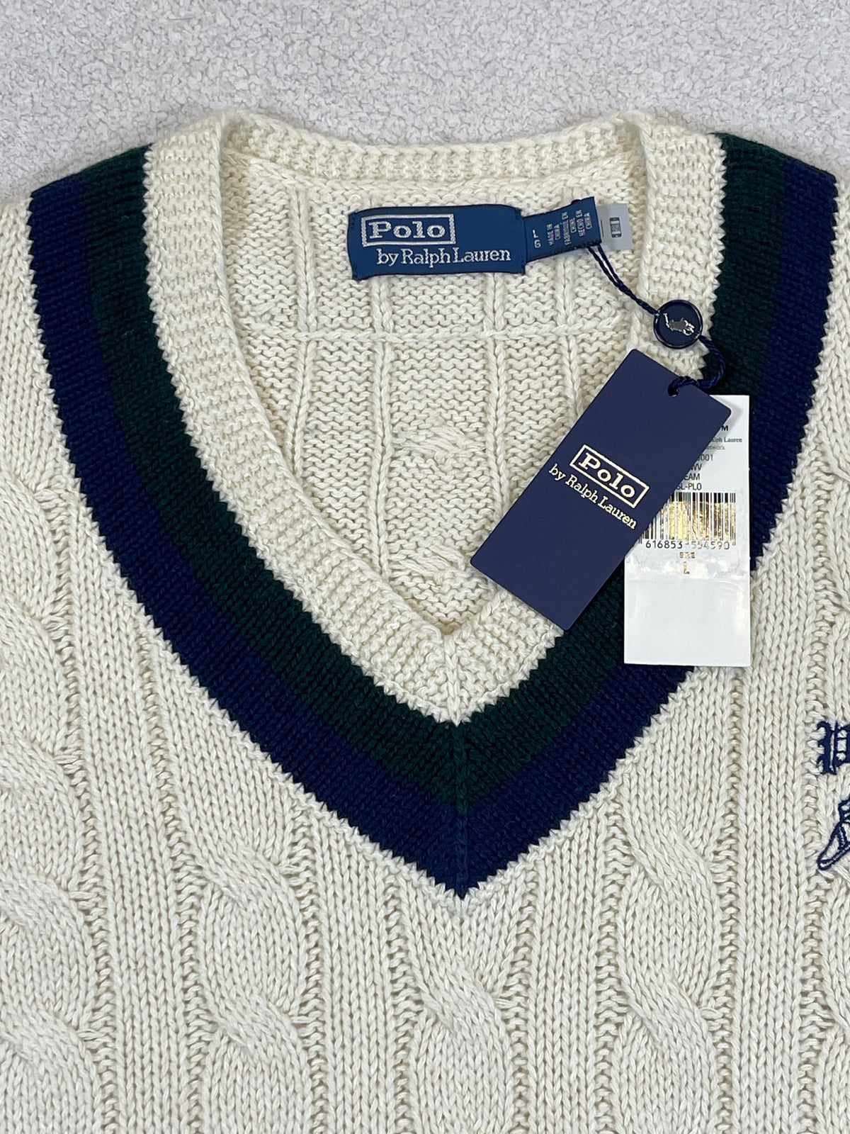 Polo by Ralph Lauren P-Wing Embroidered Cotton-Blend Cricket Sweater L
