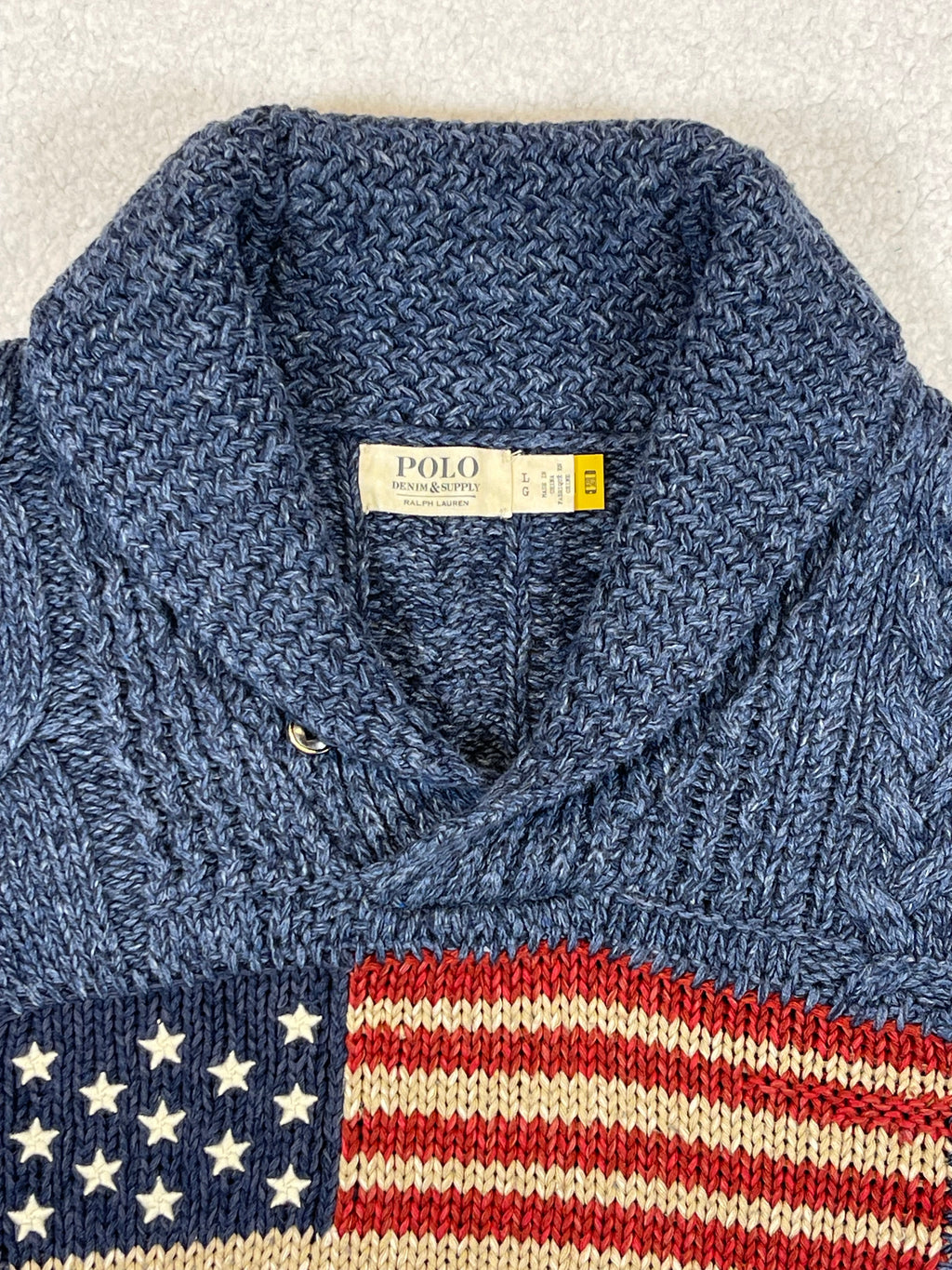 Denim & Supply Ralph Lauren Aran Knit Shawl Collar Flag Sweater (2021)