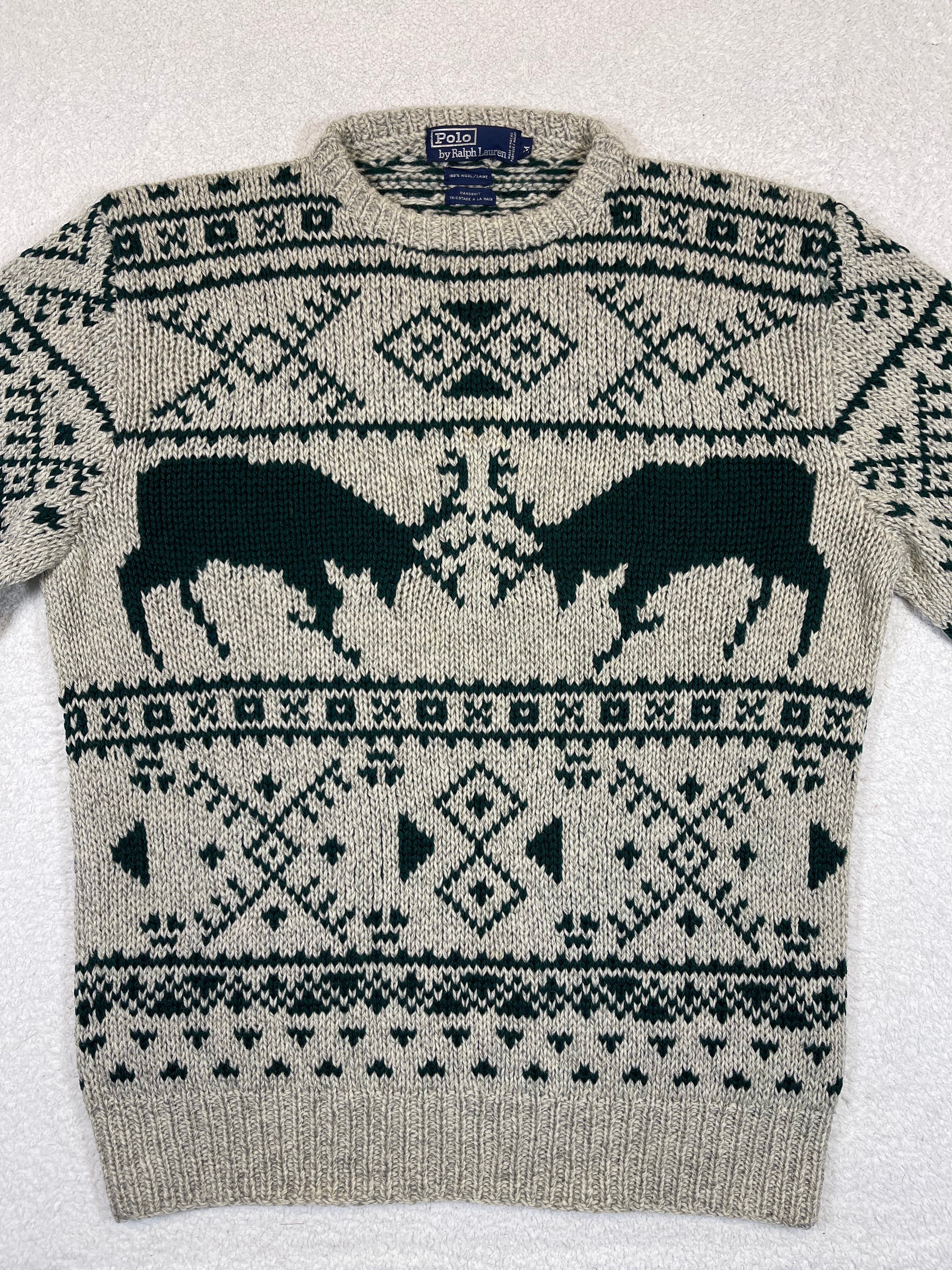 Polo by Ralph Lauren 1990s Vintage Hand-Knit Reindeer Wool Sweater