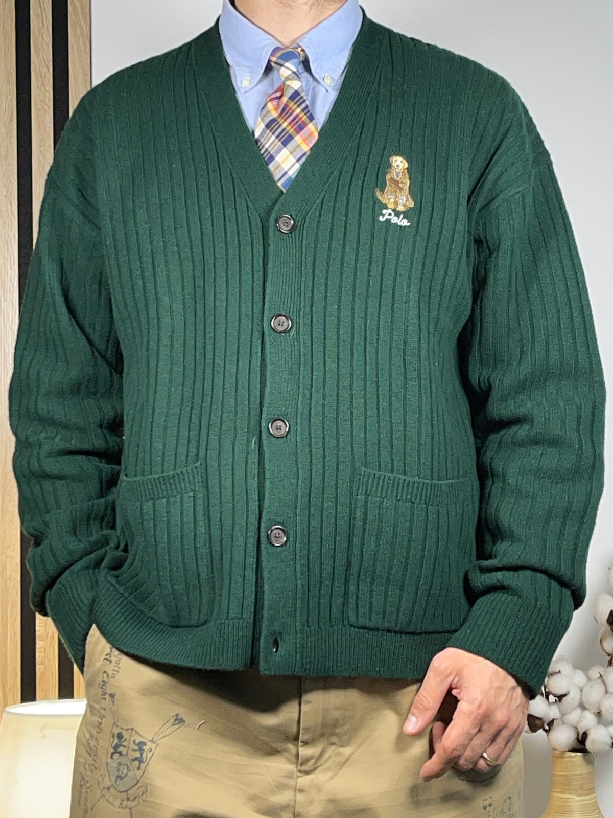 Polo by Ralph Lauren Big Fit Dog-Embroidered Wool Cardigan M