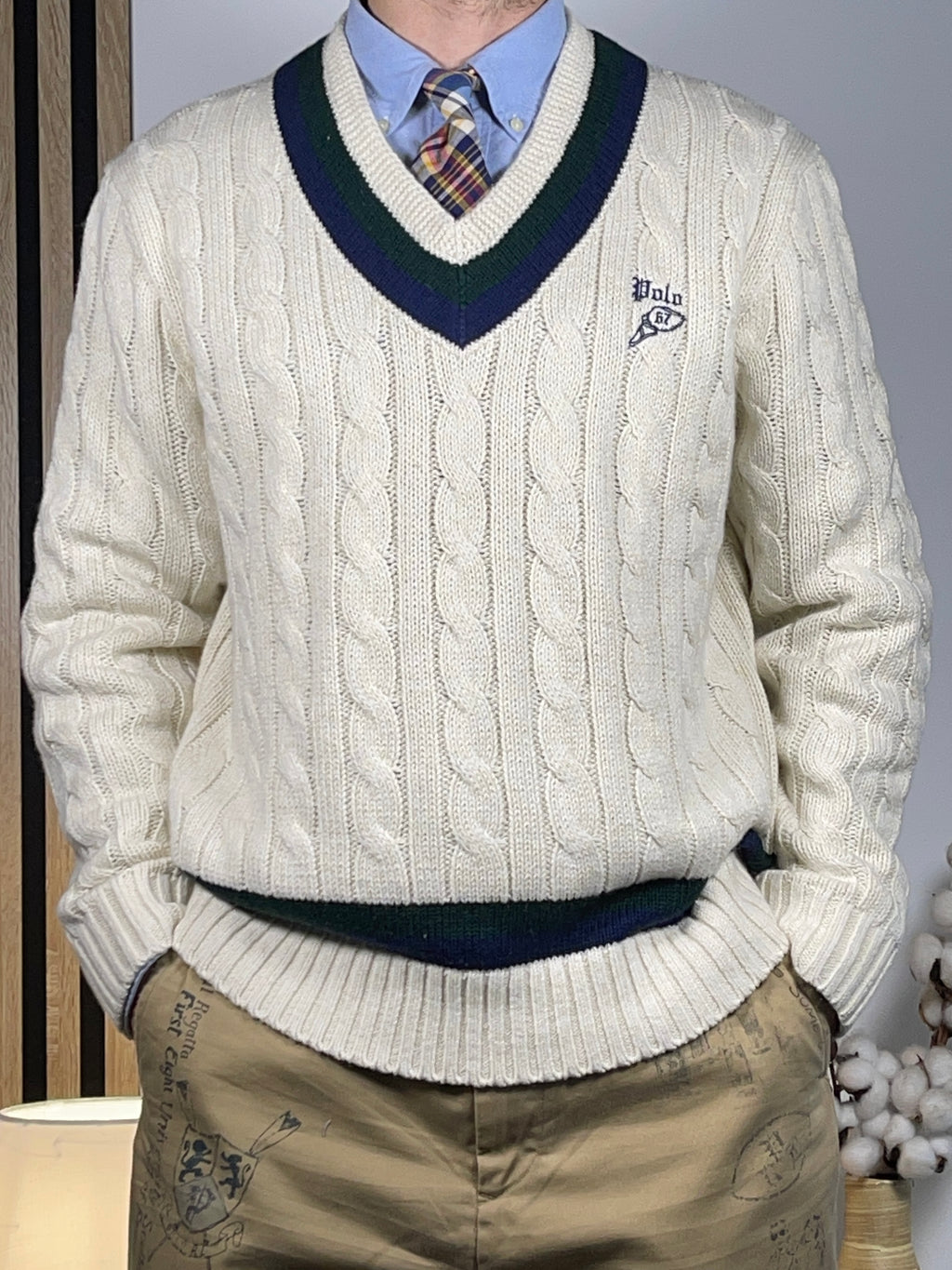 Polo by Ralph Lauren P-Wing Embroidered Cotton-Blend Cricket Sweater L