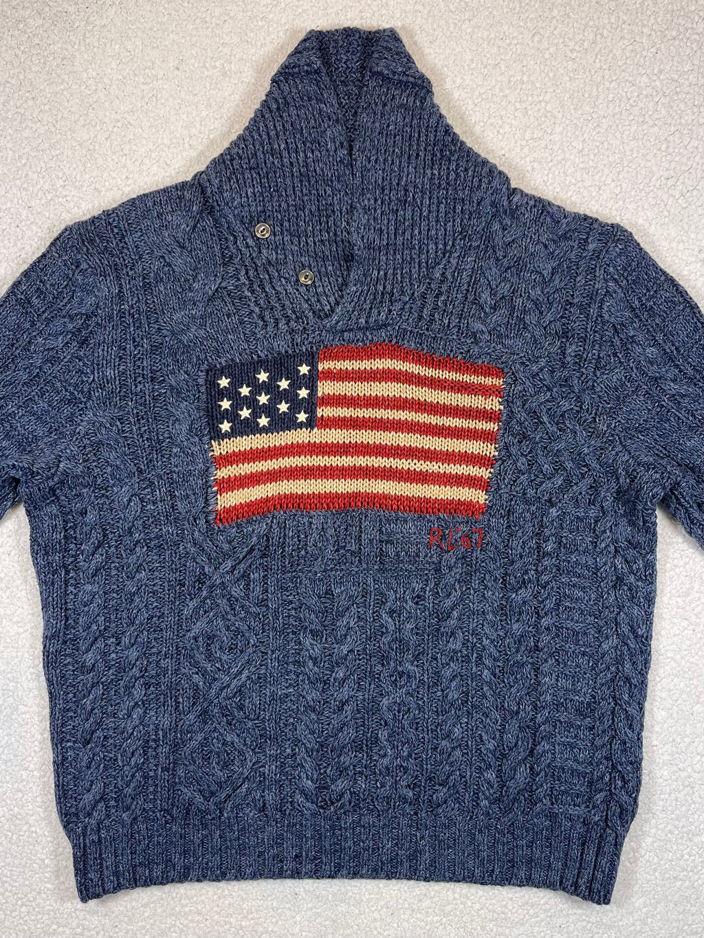 Denim & Supply Ralph Lauren Aran Knit Shawl Collar Flag Sweater (2021)