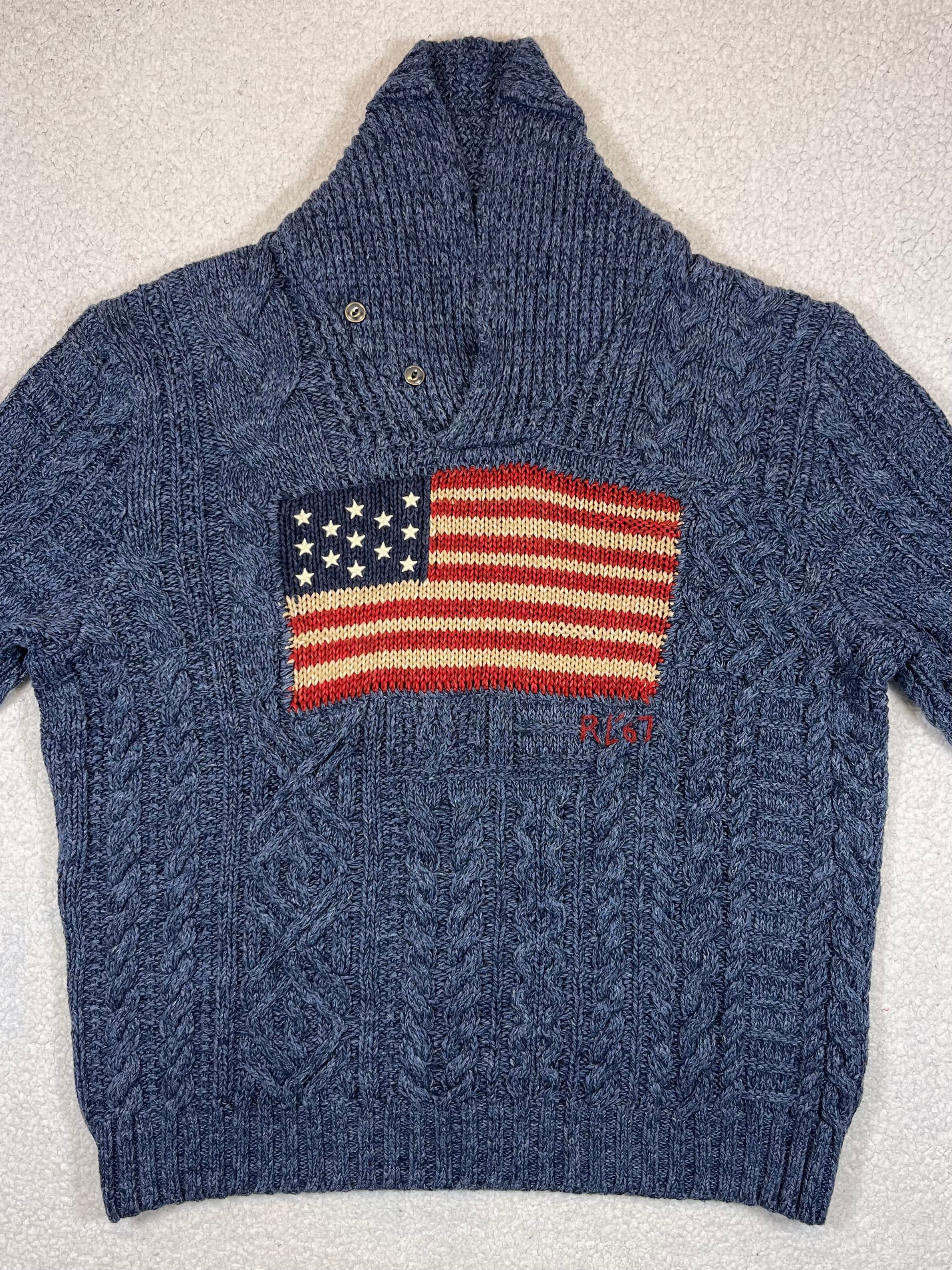 Denim & Supply Ralph Lauren Aran Knit Shawl Collar Flag Sweater (2021)