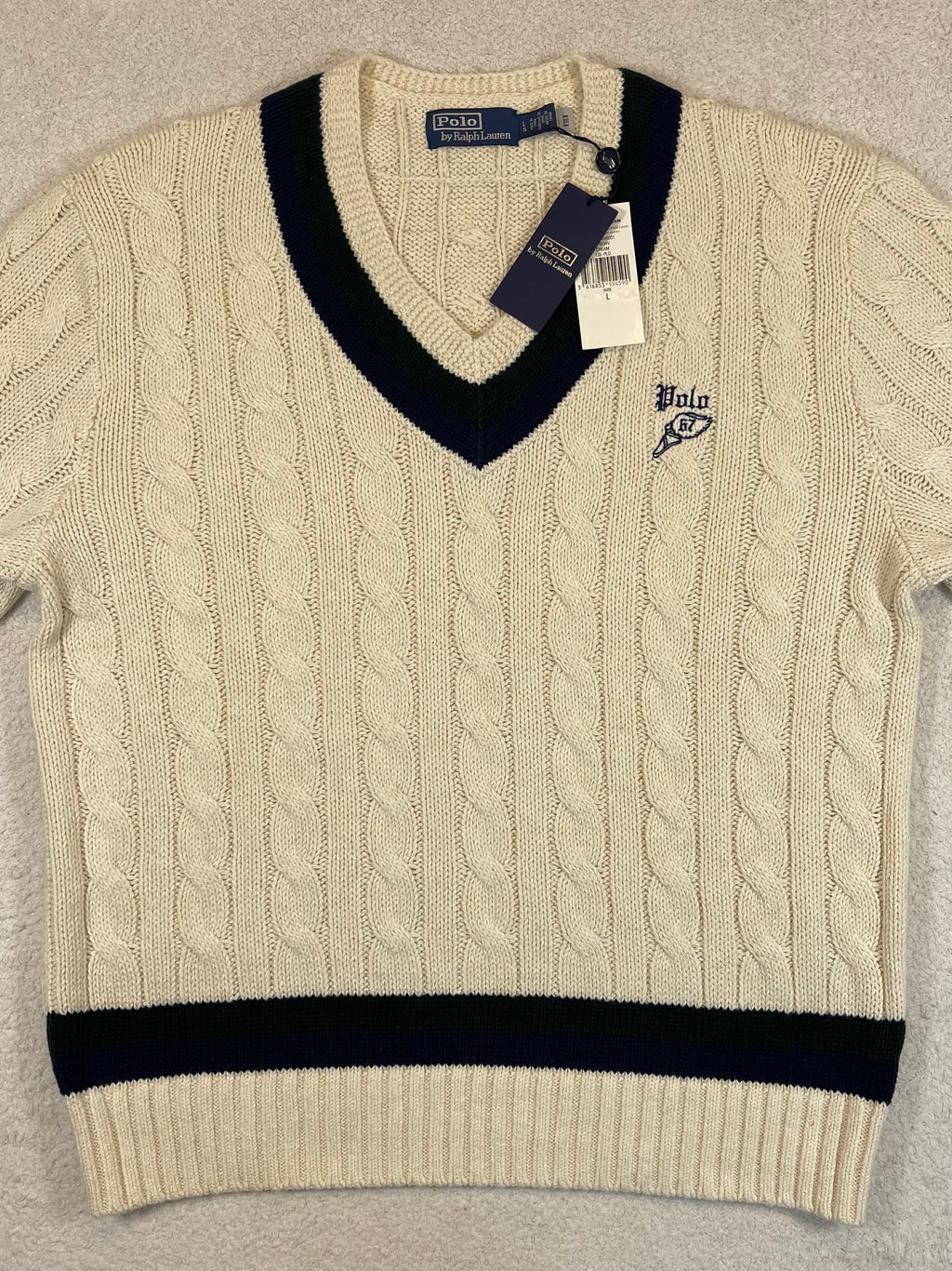 Polo by Ralph Lauren P-Wing Embroidered Cotton-Blend Cricket Sweater L