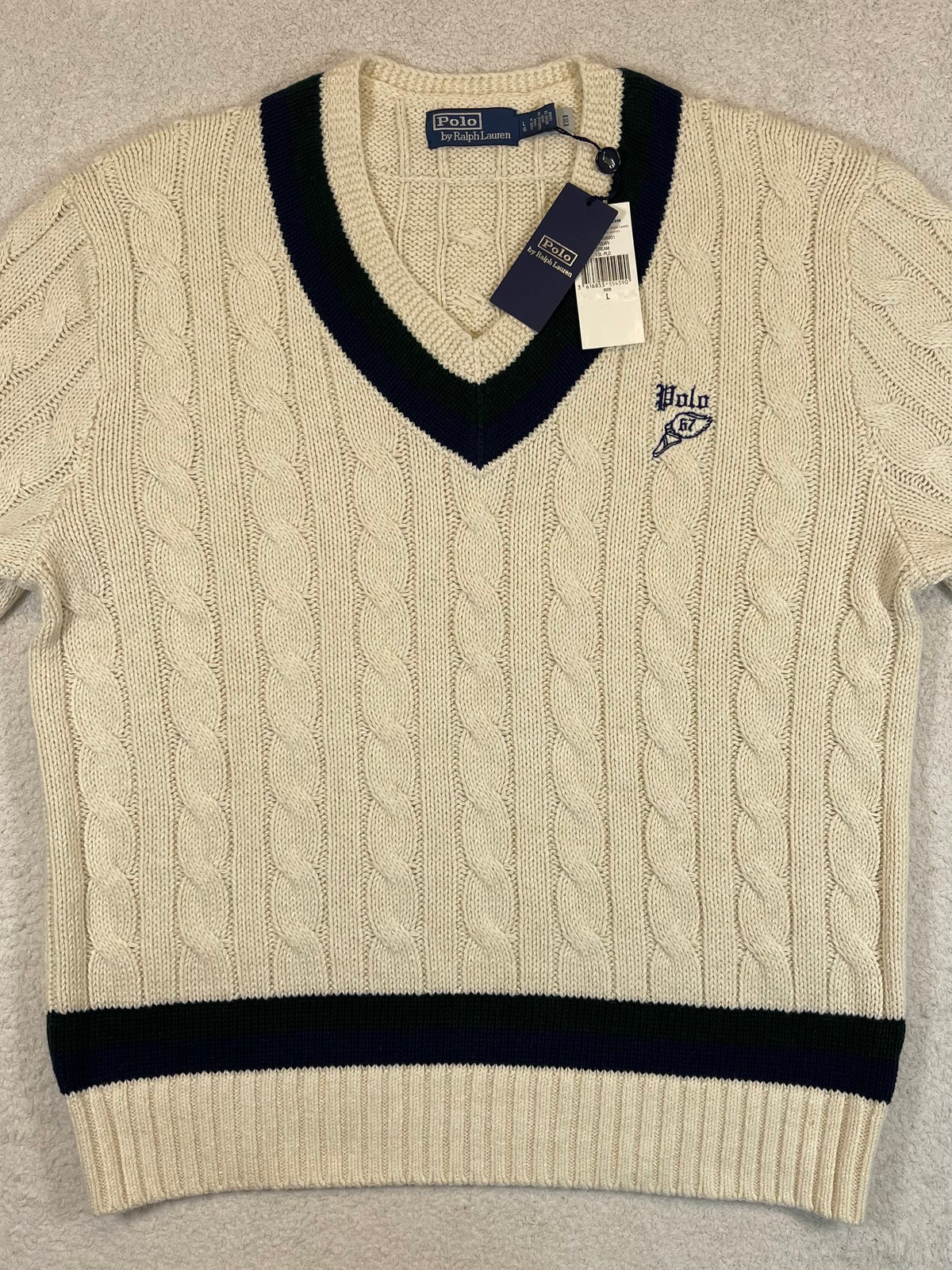 Polo by Ralph Lauren P-Wing Embroidered Cotton-Blend Cricket Sweater L
