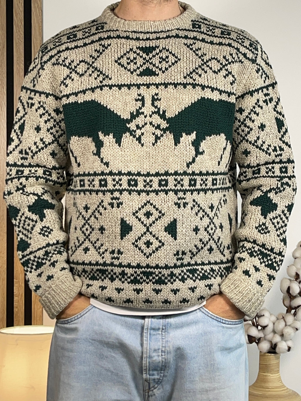Polo by Ralph Lauren 1990s Vintage Hand-Knit Reindeer Wool Sweater