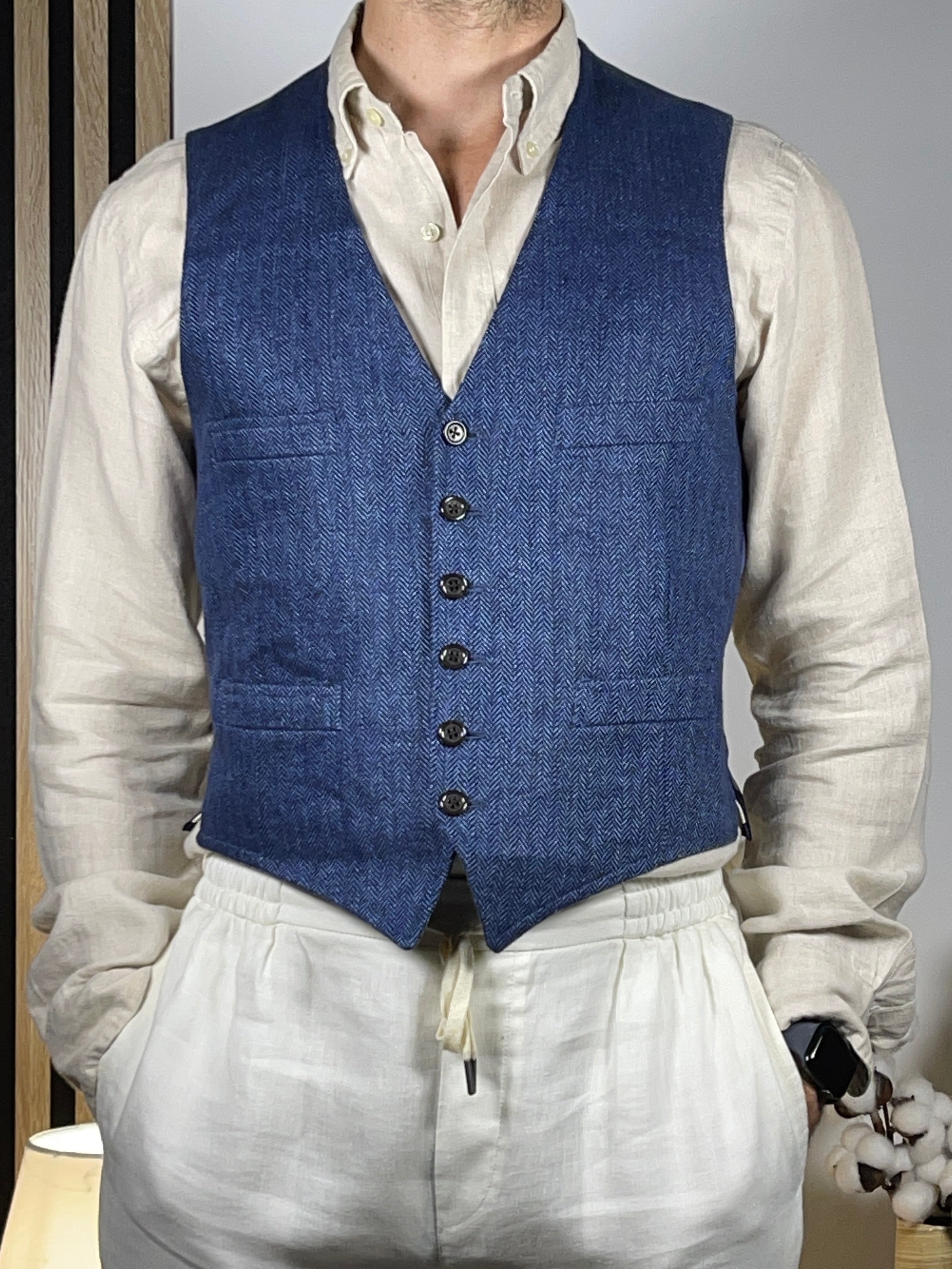 Polo Ralph Lauren Made in Italy Indigo Herringbone Linen Vest