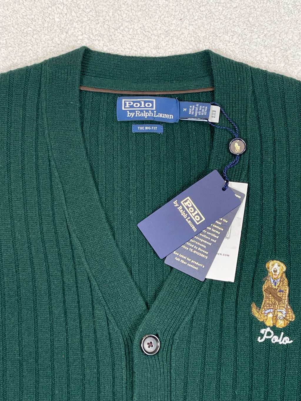Polo by Ralph Lauren Big Fit Dog-Embroidered Wool Cardigan M