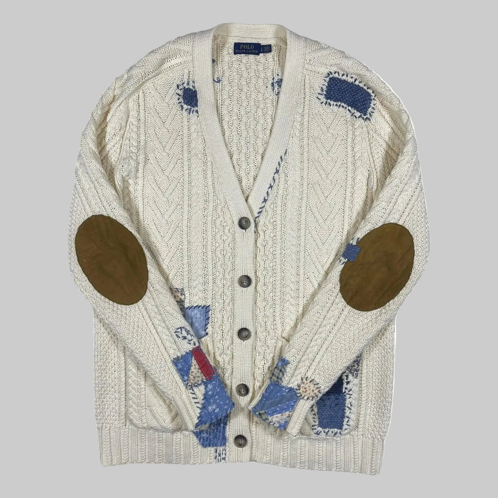 Polo Ralph Lauren Patchwork Aran Knit Cardigan with Goat Suede Elbow Patches