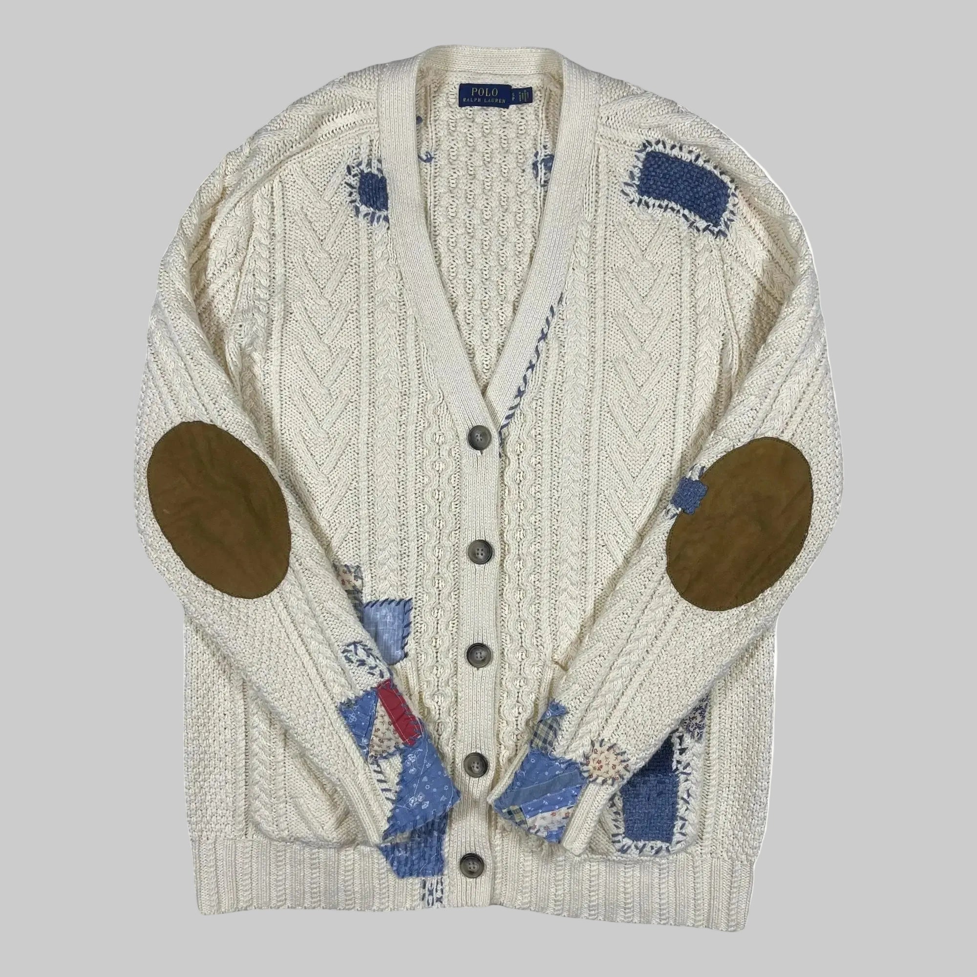 Polo Ralph Lauren Patchwork Aran Knit Cardigan with Goat Suede Elbow Patches