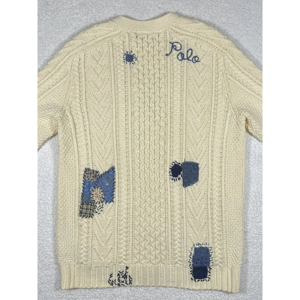 Polo Ralph Lauren Patchwork Aran Knit Cardigan with Goat Suede Elbow Patches