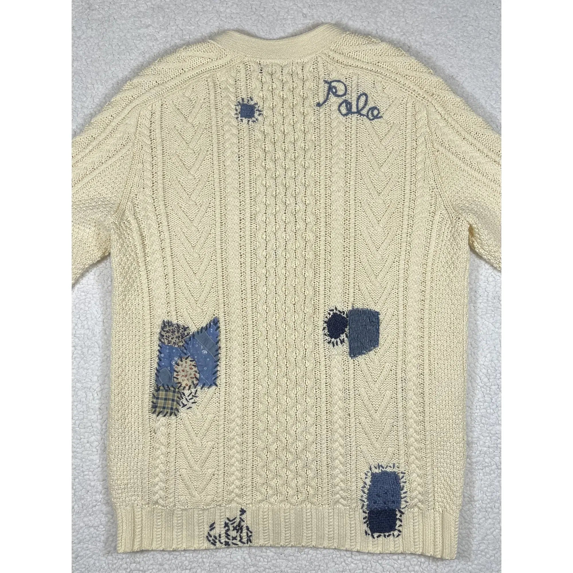 Polo Ralph Lauren Patchwork Aran Knit Cardigan with Goat Suede Elbow Patches