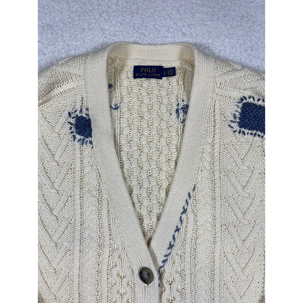 Polo Ralph Lauren Patchwork Aran Knit Cardigan with Goat Suede Elbow Patches