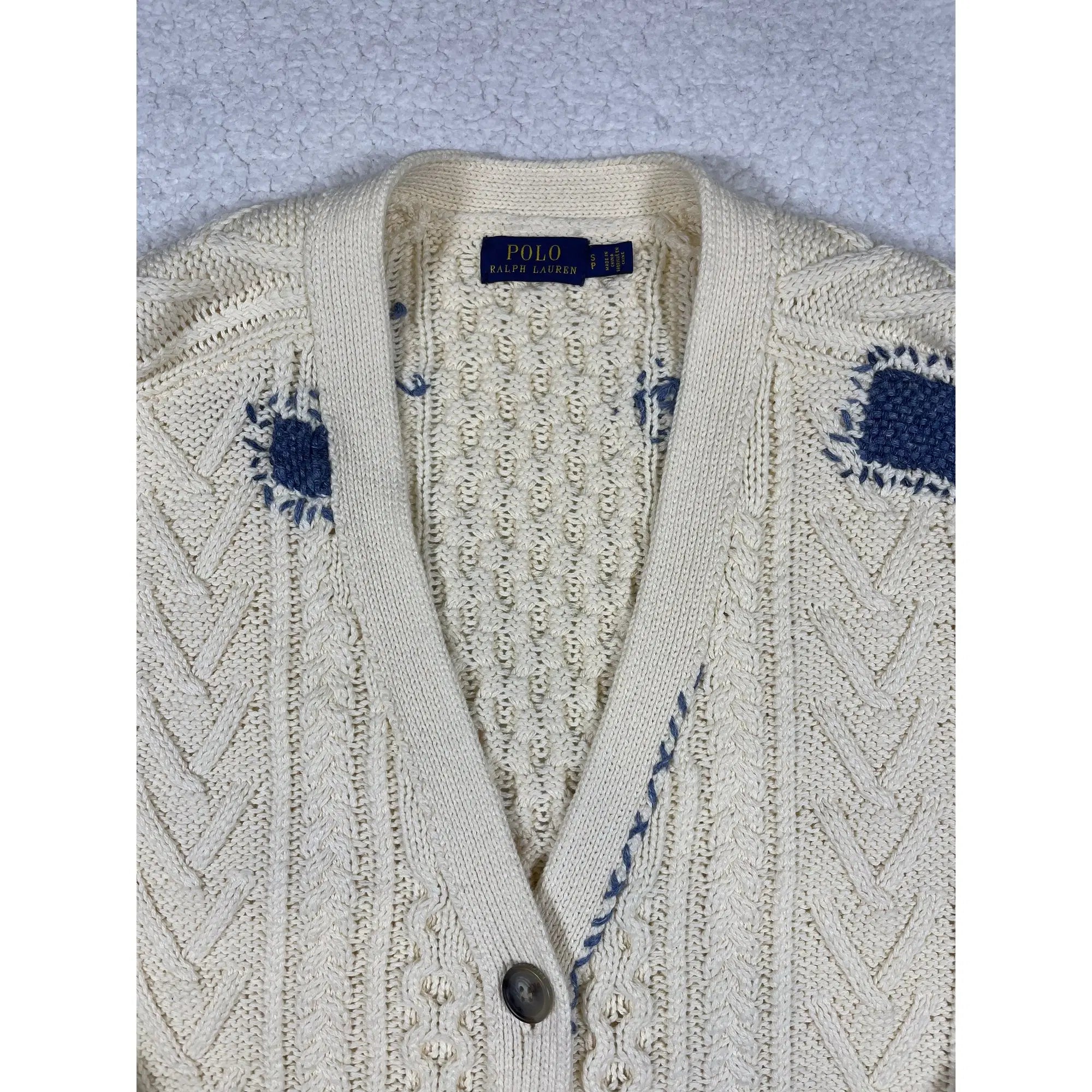 Polo Ralph Lauren Patchwork Aran Knit Cardigan with Goat Suede Elbow Patches