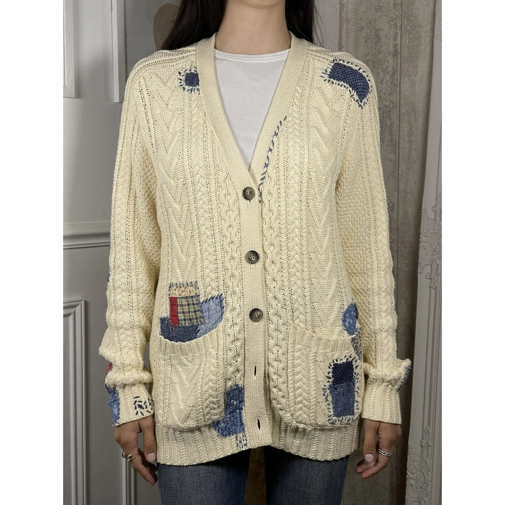 Polo Ralph Lauren Patchwork Aran Knit Cardigan with Goat Suede Elbow Patches
