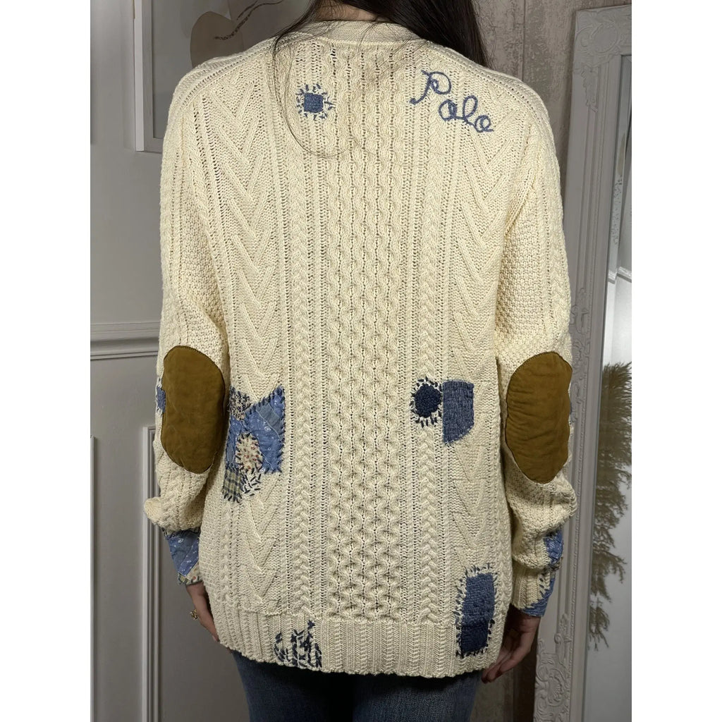 Polo Ralph Lauren Patchwork Aran Knit Cardigan with Goat Suede Elbow Patches