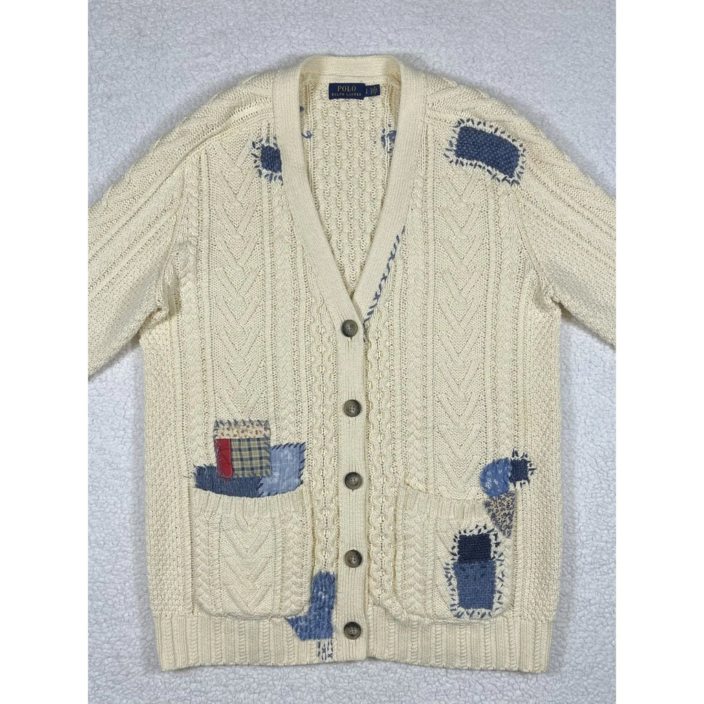 Polo Ralph Lauren Patchwork Aran Knit Cardigan with Goat Suede Elbow Patches