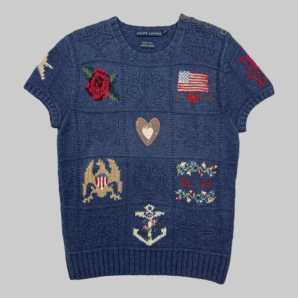 Haut sans manches en patchwork tricoté main Ralph Lauren (Vintage)