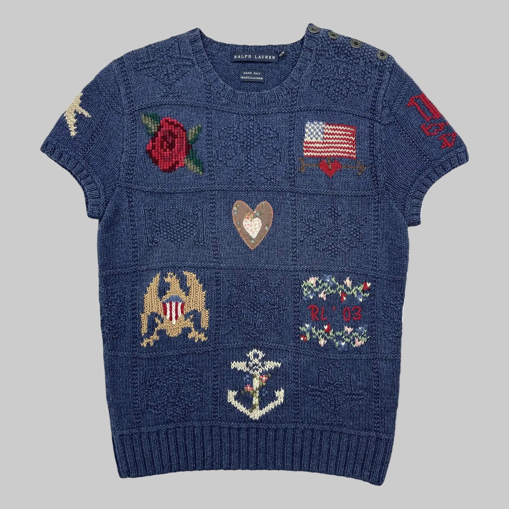 Haut sans manches en patchwork tricoté main Ralph Lauren (Vintage)