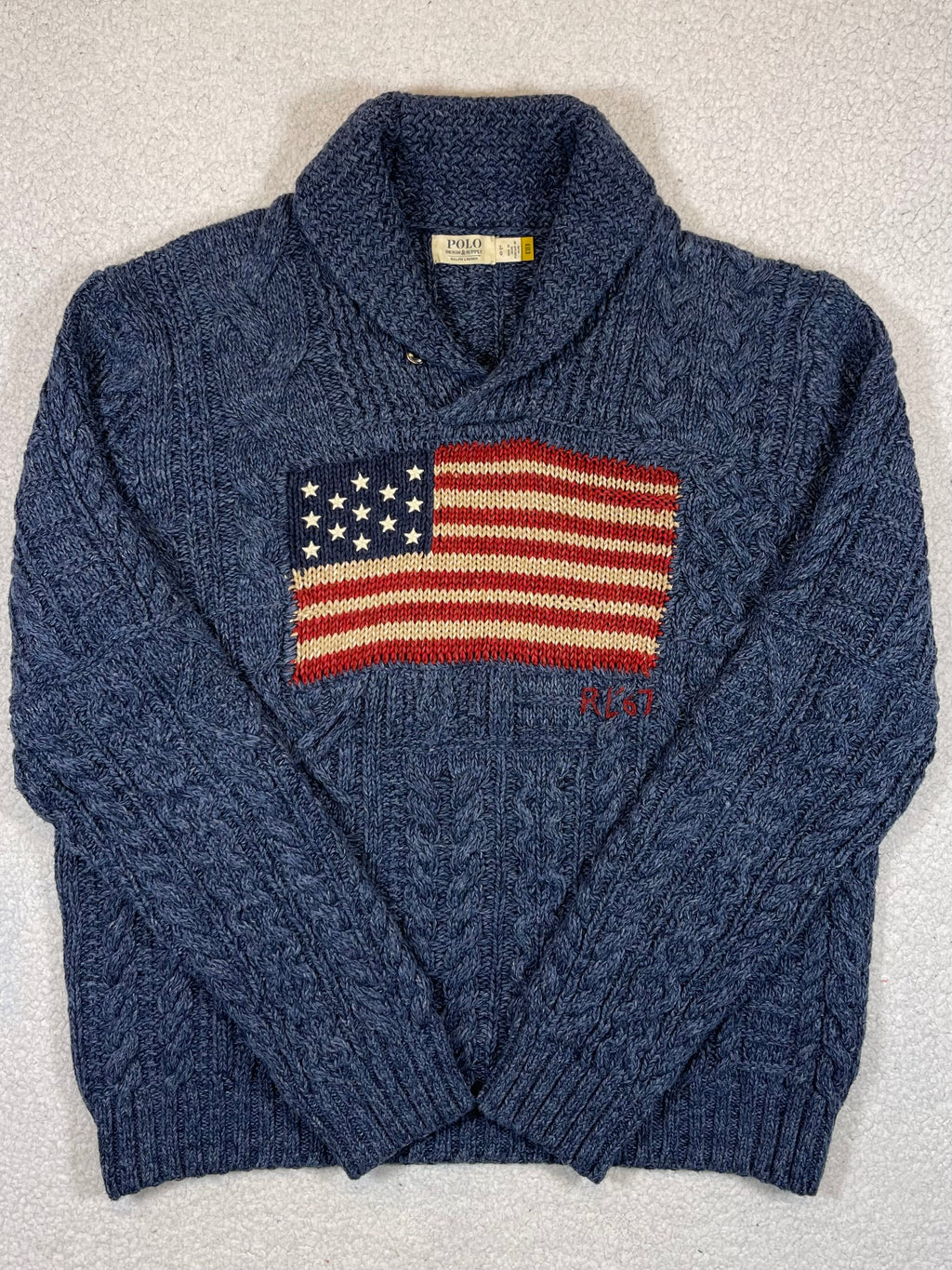Denim & Supply Ralph Lauren Aran Knit Shawl Collar Flag Sweater (2021)