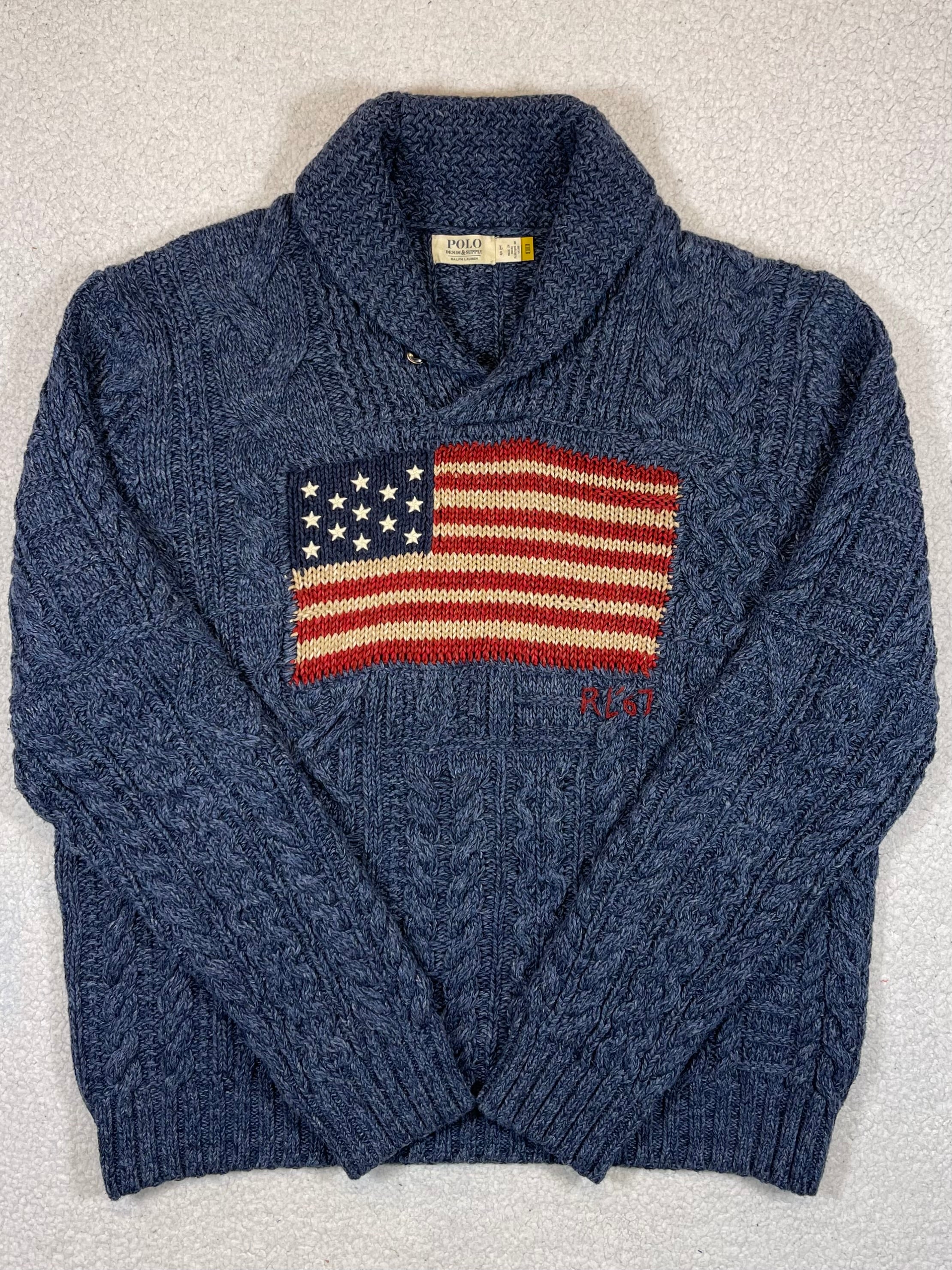 Denim & Supply Ralph Lauren Aran Knit Shawl Collar Flag Sweater (2021)
