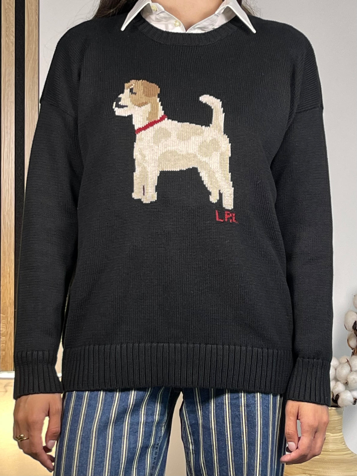 Lauren Ralph Lauren Jack Russell Cotton Intarsia-Knit Sweater L