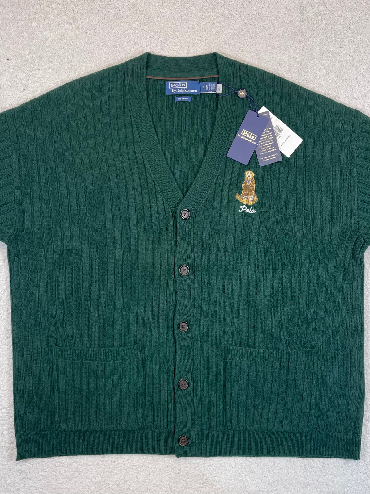 Polo by Ralph Lauren Big Fit Dog-Embroidered Wool Cardigan M