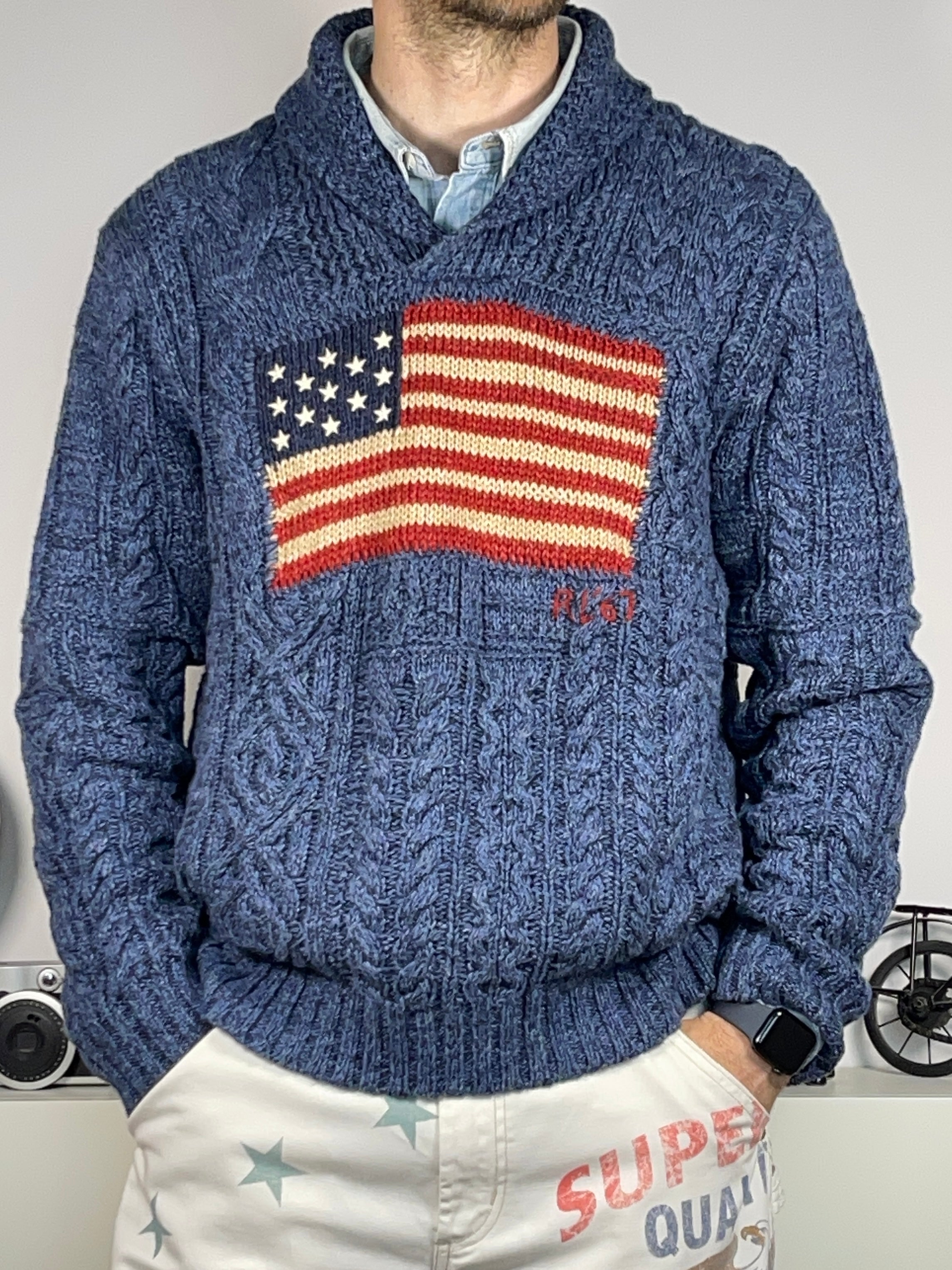 Denim & Supply Ralph Lauren Aran Knit Shawl Collar Flag Sweater (2021)