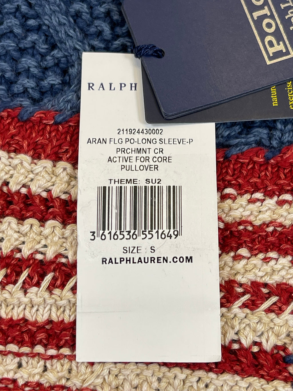 Polo by Ralph Lauren Textured Aran-Knit Indigo Cotton Flag Sweater S