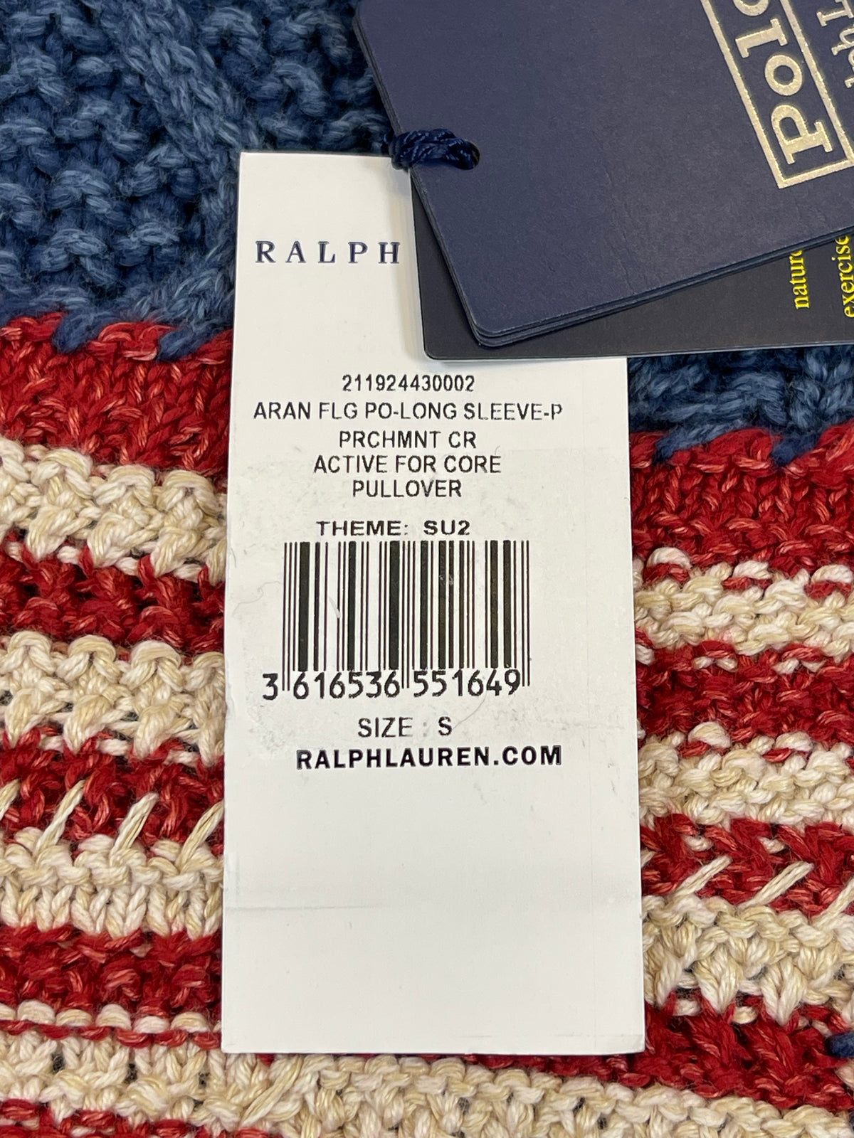 Polo by Ralph Lauren Textured Aran-Knit Indigo Cotton Flag Sweater S