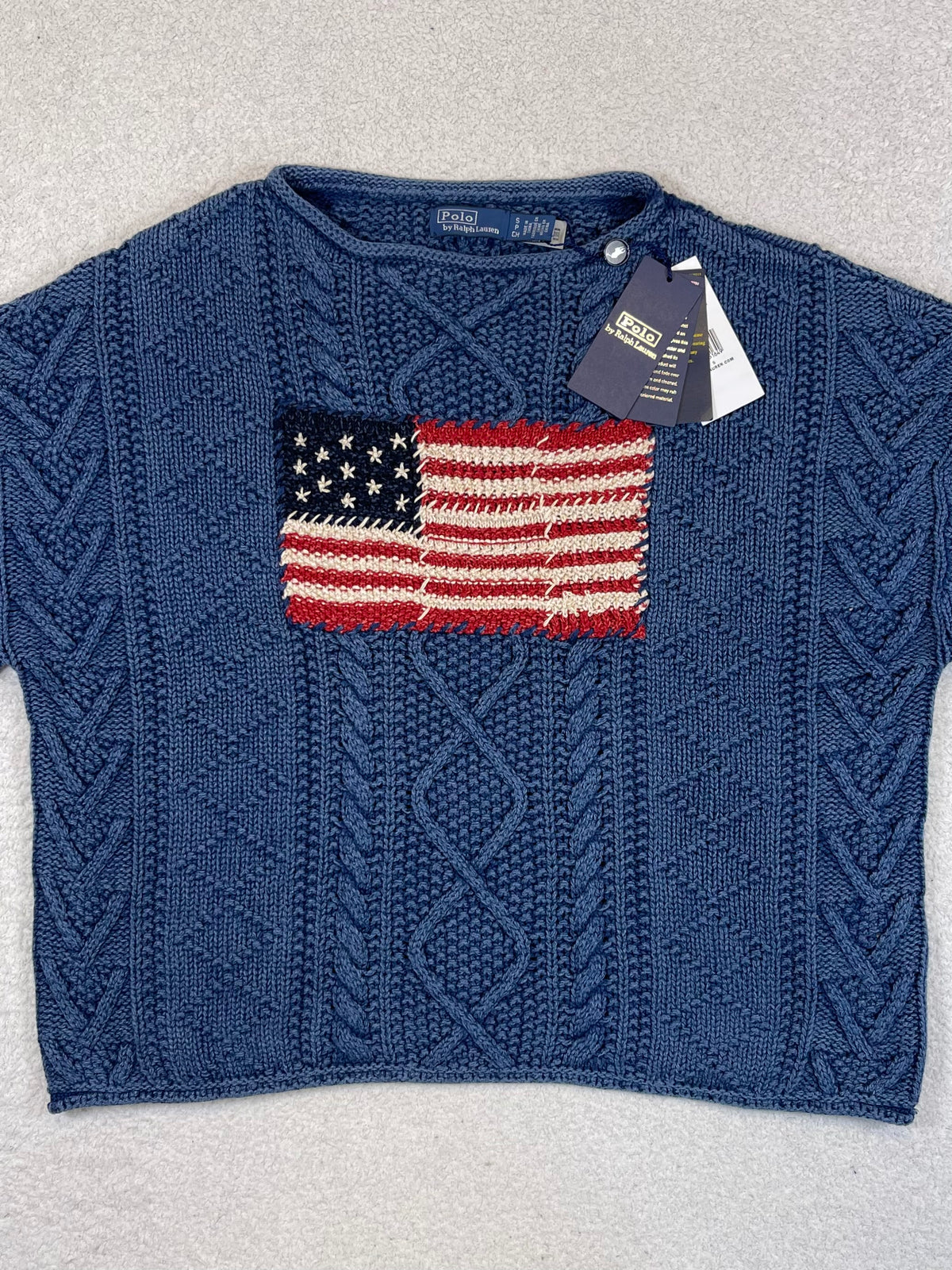 Polo by Ralph Lauren Textured Aran-Knit Indigo Cotton Flag Sweater S