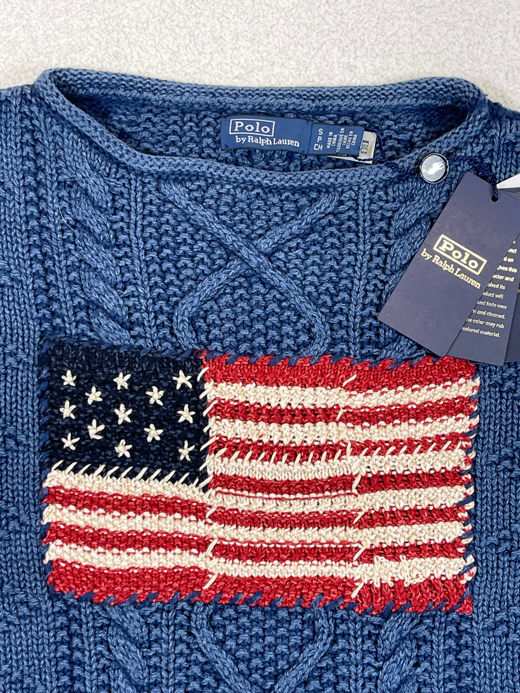 Polo by Ralph Lauren Textured Aran-Knit Indigo Cotton Flag Sweater S