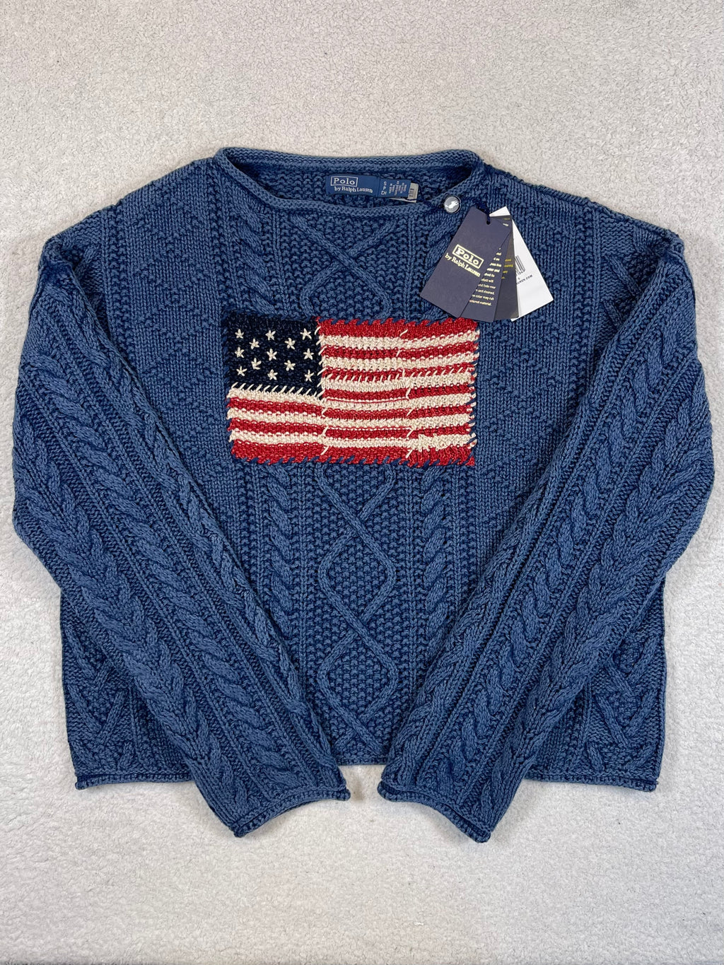 Polo by Ralph Lauren Textured Aran-Knit Indigo Cotton Flag Sweater S