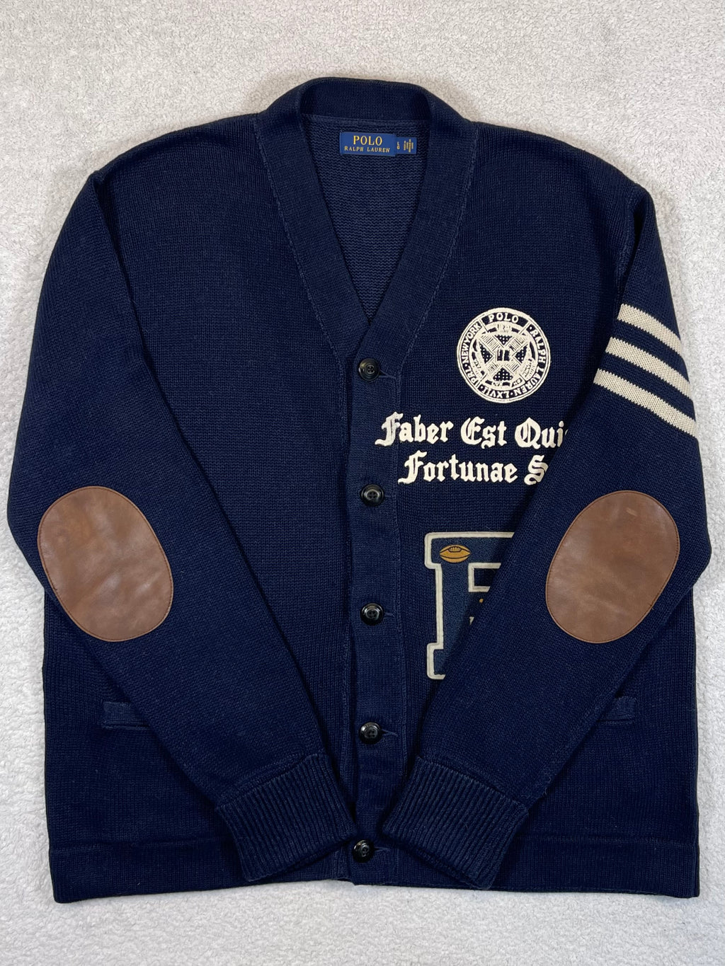Polo Ralph Lauren Collegiate Cotton & Linen Cardigan with Leather Elbow Patches L