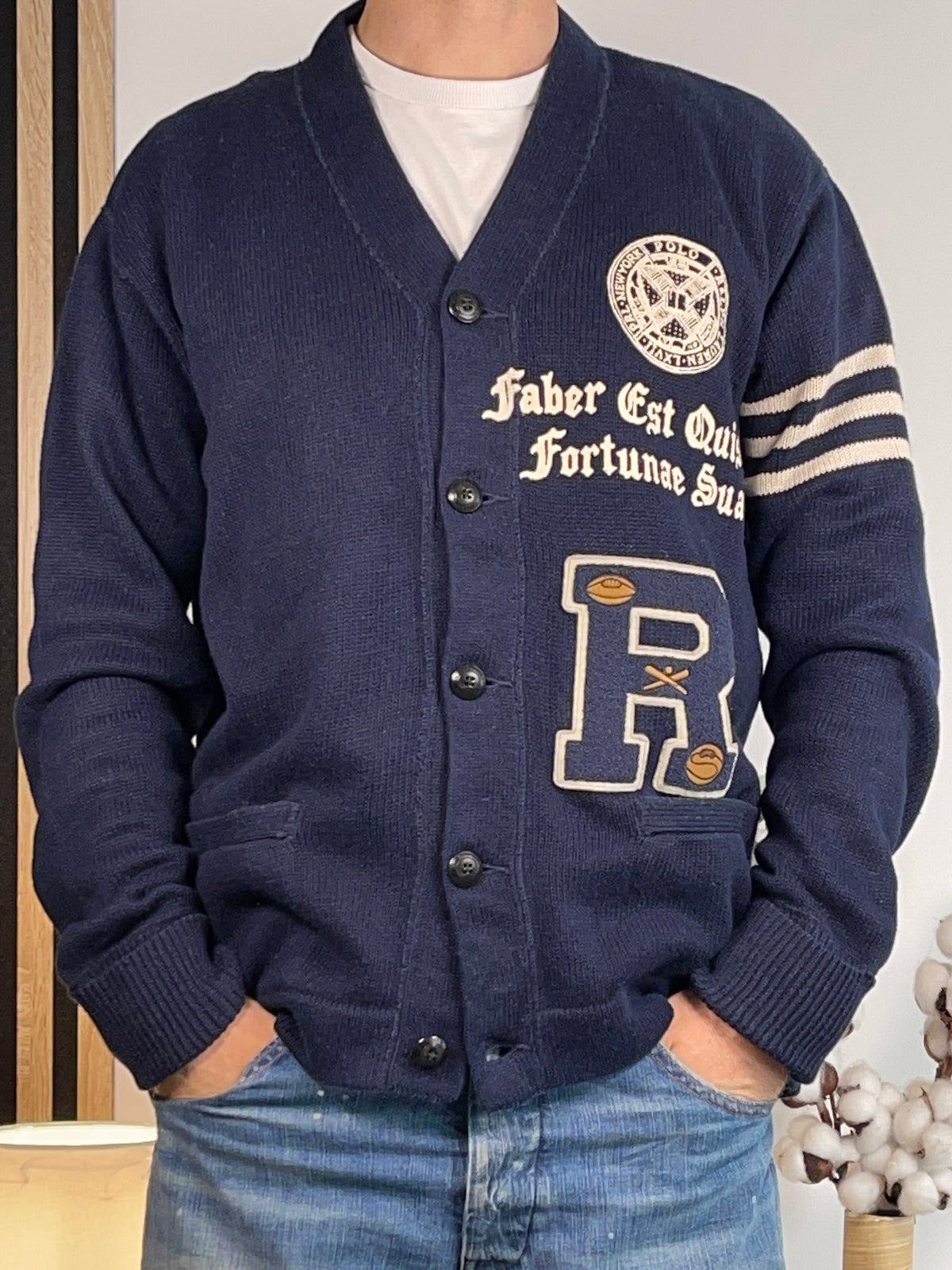 Polo Ralph Lauren Collegiate Cotton & Linen Cardigan with Leather Elbow Patches L
