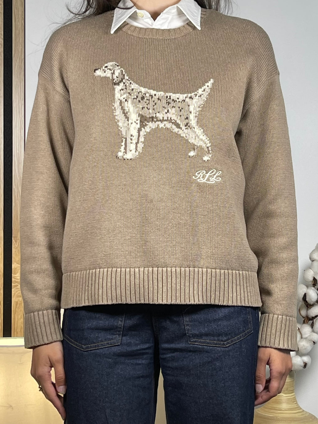 Lauren Ralph Lauren English Setter Intarsia-Knit Cotton Sweater L