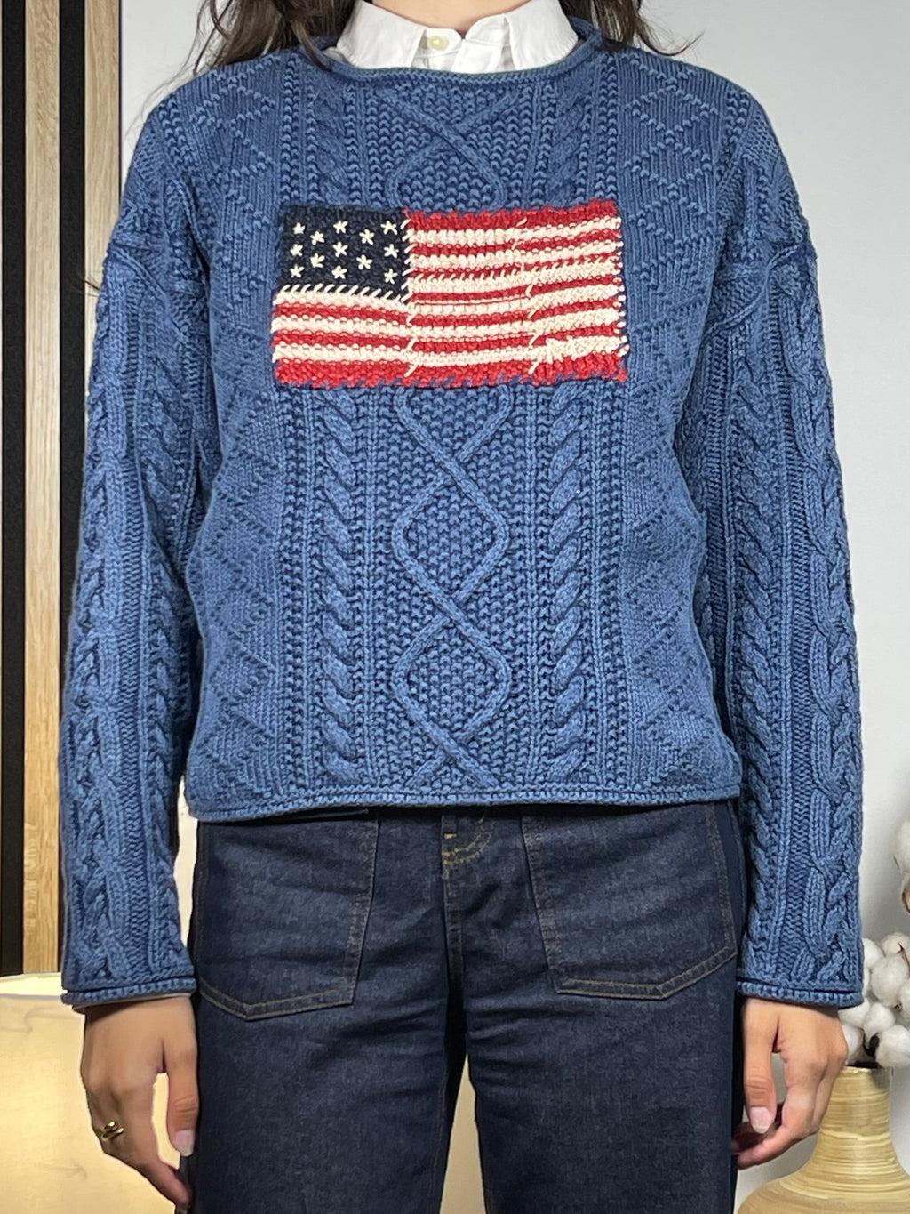 Polo by Ralph Lauren Textured Aran-Knit Indigo Cotton Flag Sweater S