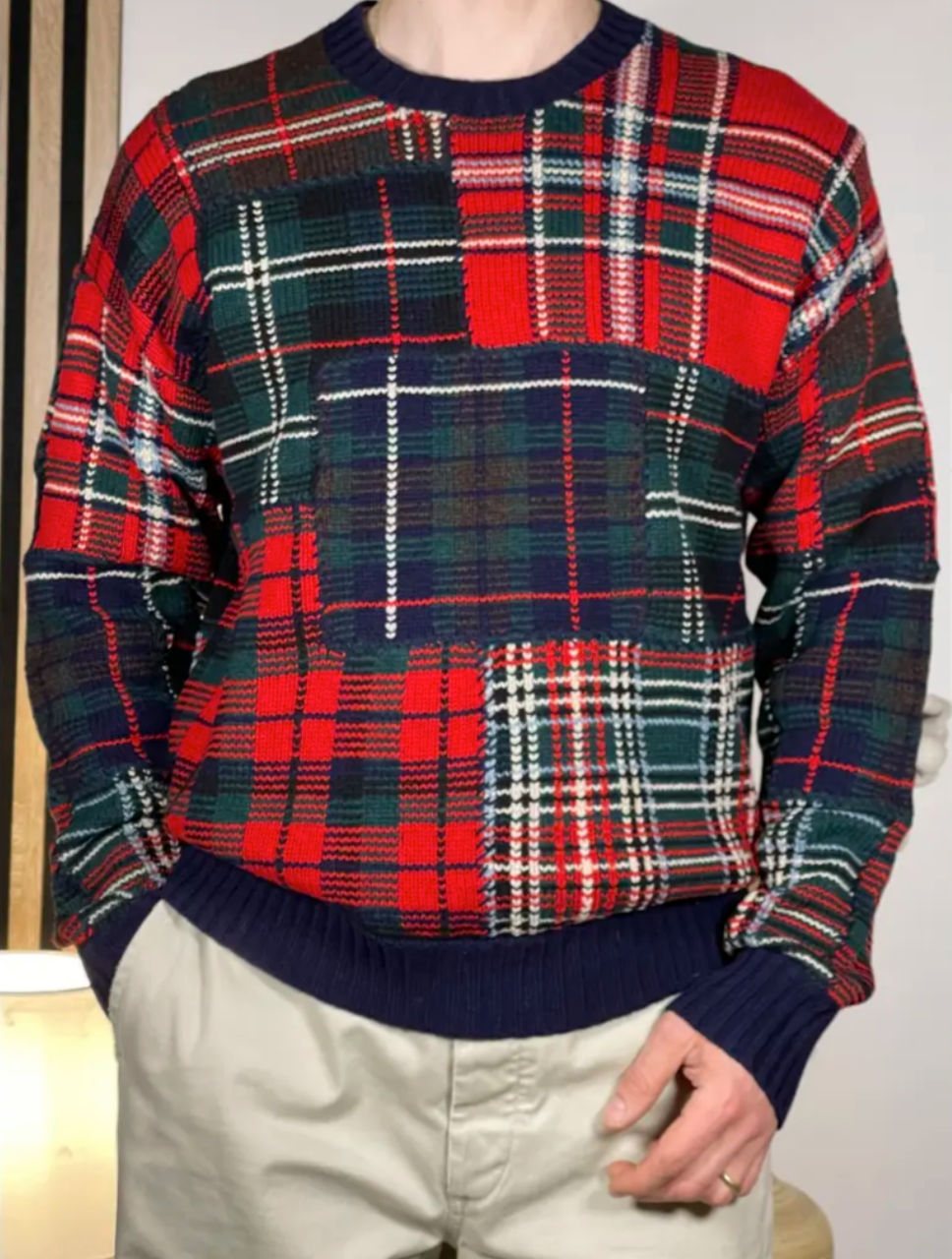 Tartan patchwork sweater in wool blend