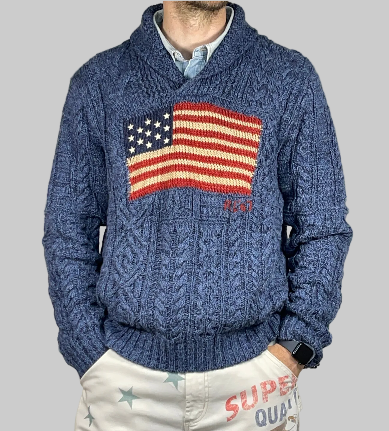 Denim & Supply Ralph Lauren Aran Knit Shawl Collar Flag Sweater (2021)