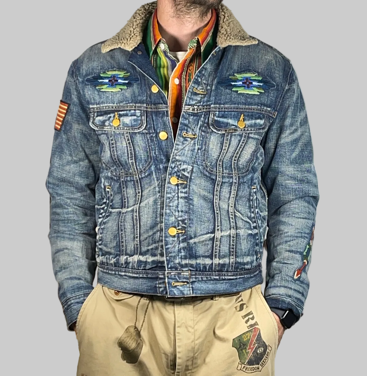 Polo Ralph Lauren Aztec Embroidered Lined Denim Trucker Jacket