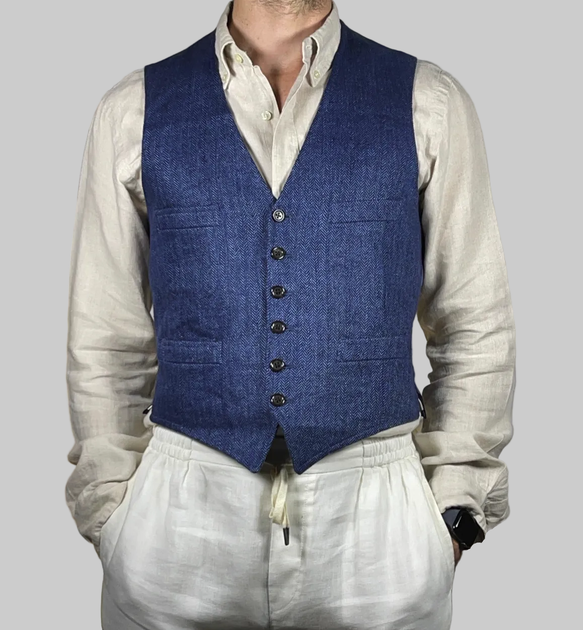 Polo Ralph Lauren Made in Italy Indigo Herringbone Linen Vest