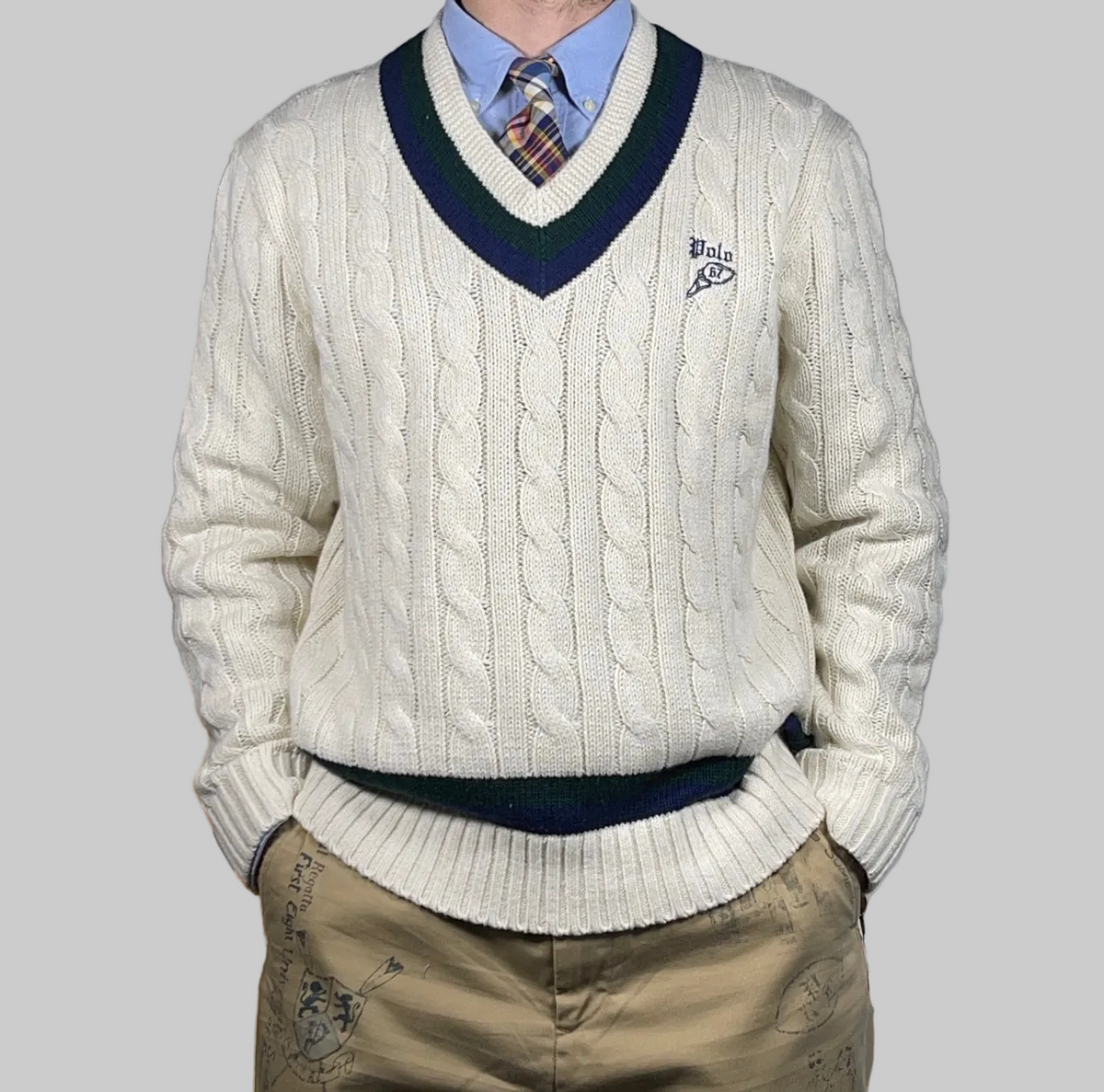 Polo by Ralph Lauren P-Wing Embroidered Cotton-Blend Cricket Sweater L