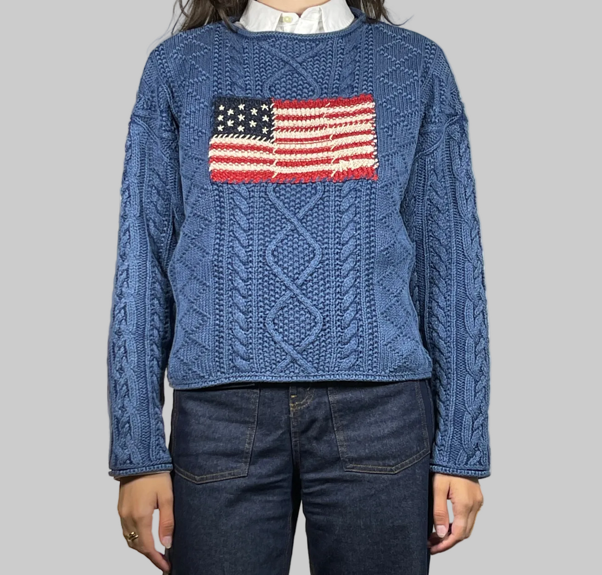 Polo by Ralph Lauren Textured Aran-Knit Indigo Cotton Flag Sweater S