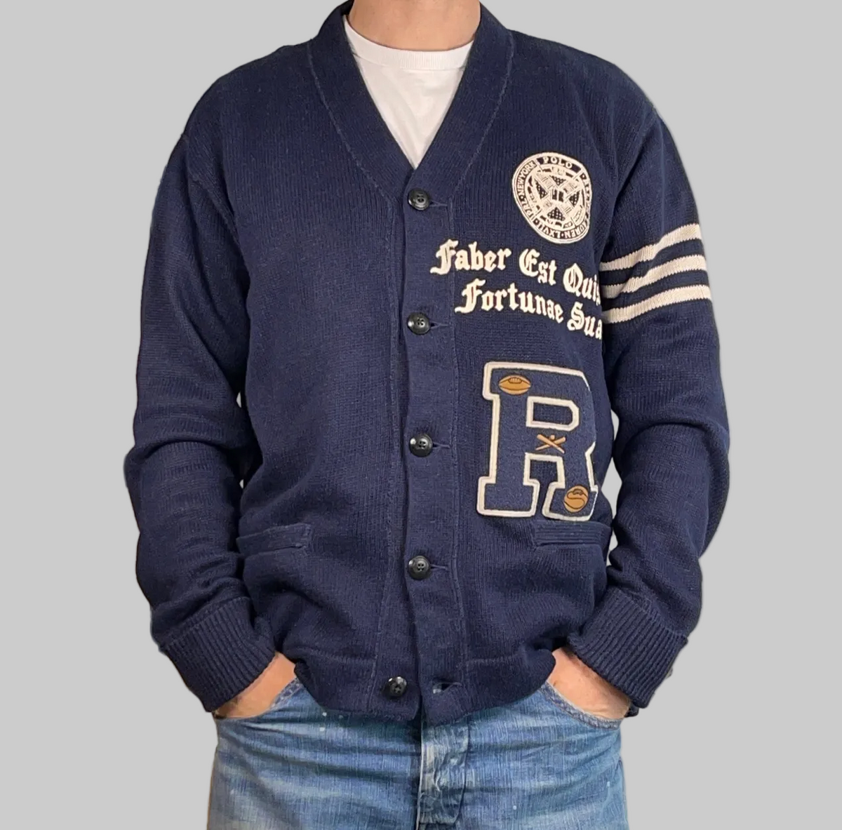 Polo Ralph Lauren Collegiate Cotton & Linen Cardigan with Leather Elbow Patches L